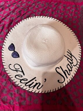 BCBG Wide Brim Straw Sun Hat with Sunglasses Embroidery